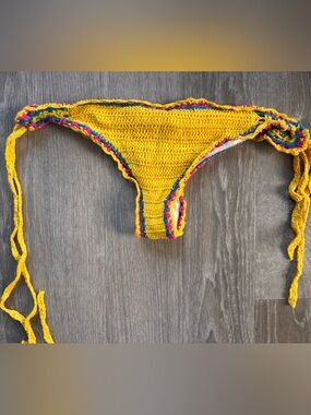 South Beach Handmade Yellow Crochet Bikini Top with Multicolor Trim